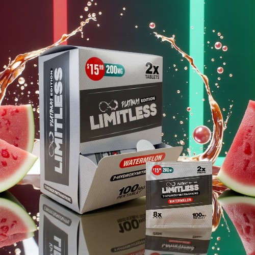 Box of Limitless product with watermelon slices and splash effects.