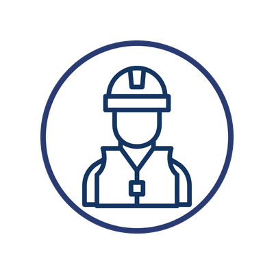 Line drawing of a construction worker wearing a hard hat and vest.