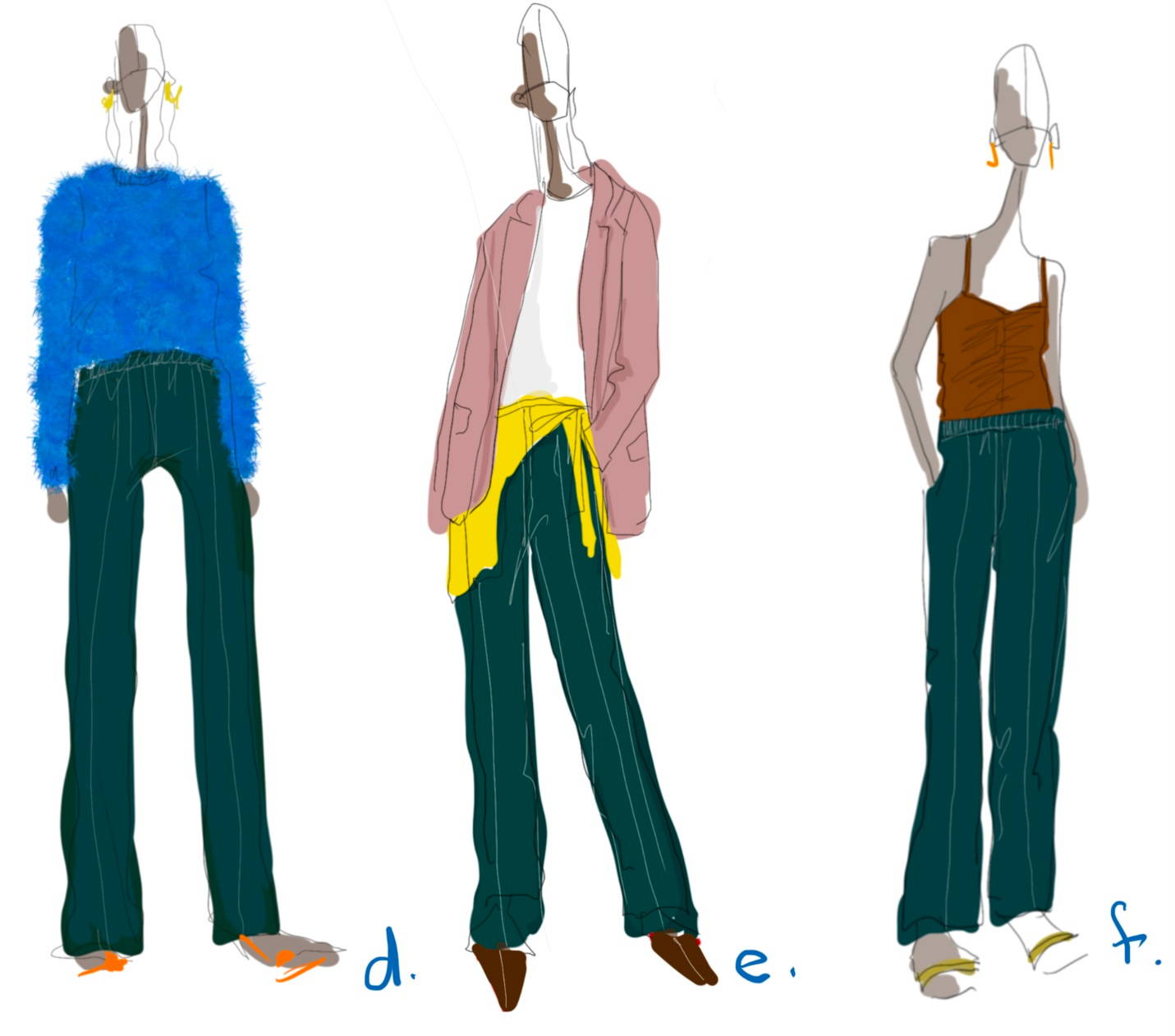Three illustrated models wearing clothes
