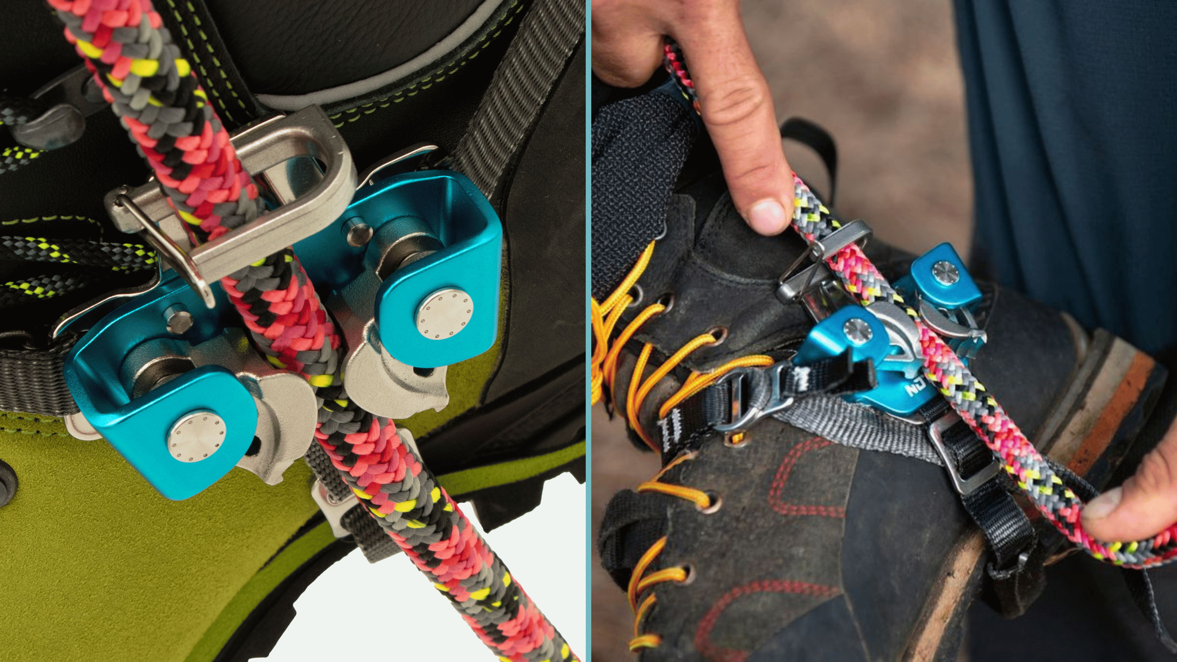 Climbing gear with colorful straps and attachments on boots and harness.