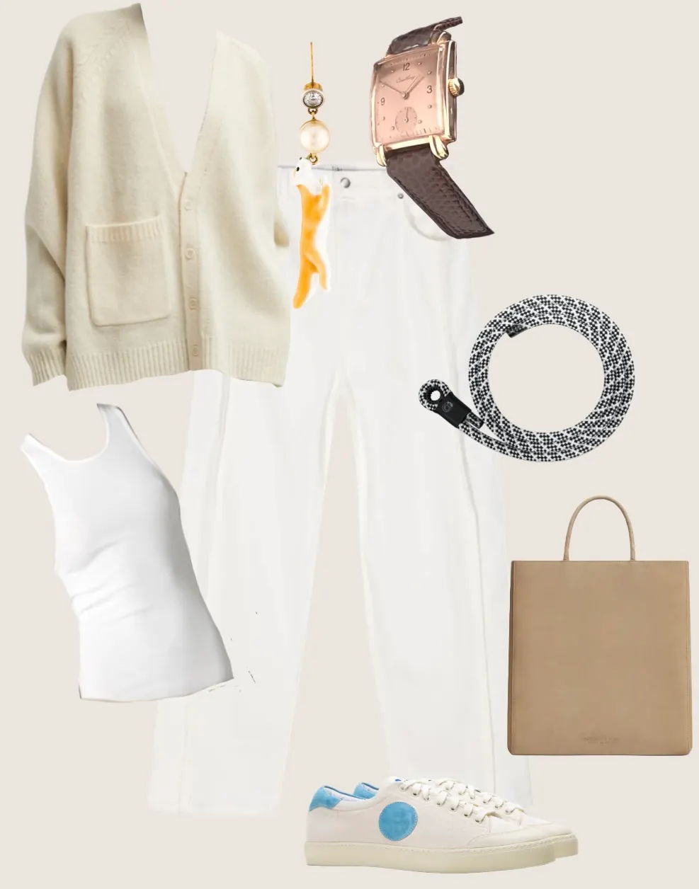 Fashion flat lay featuring clothing and accessories in neutral colors.
