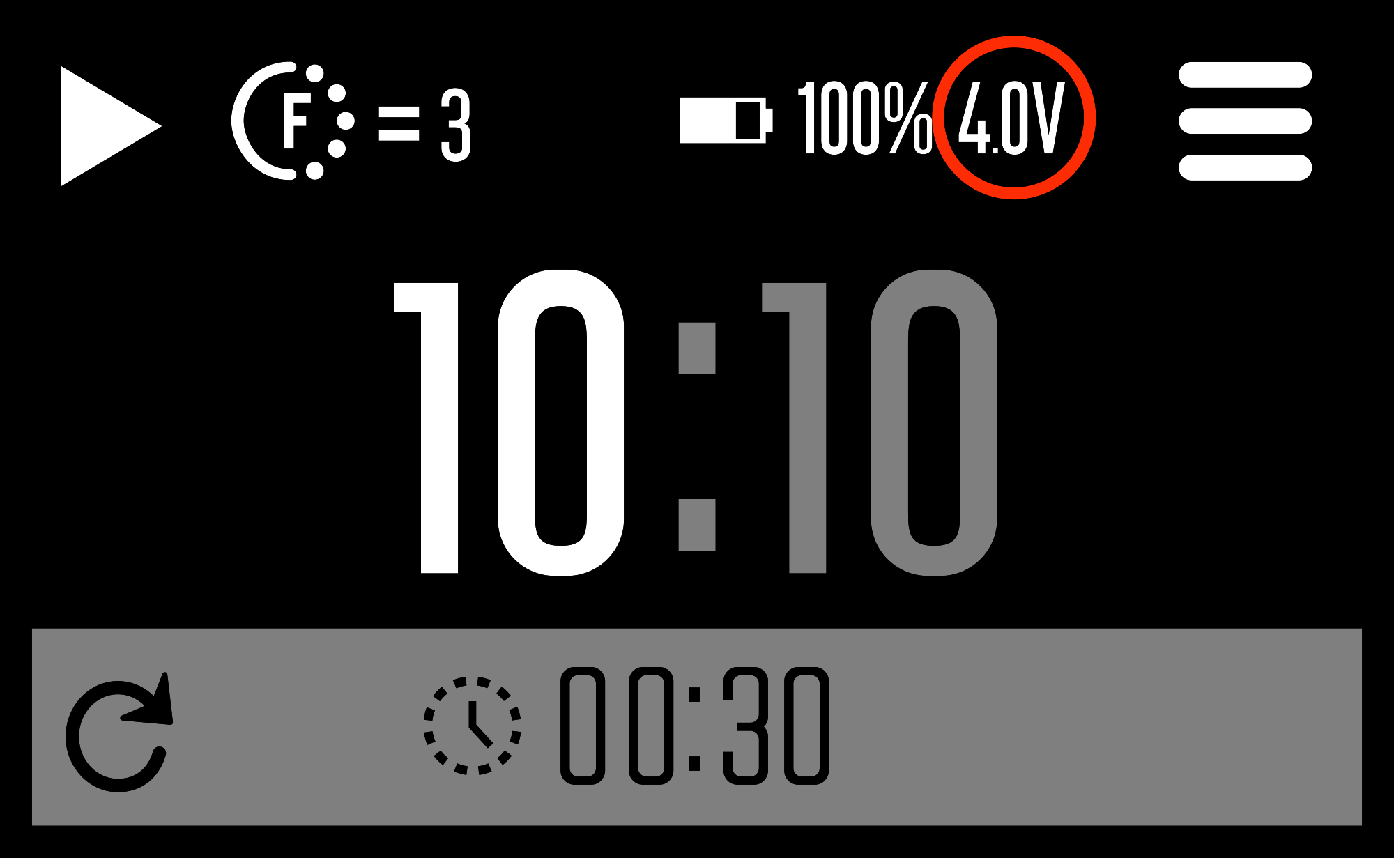 Digital display showing time, battery level, and voltage measurement.