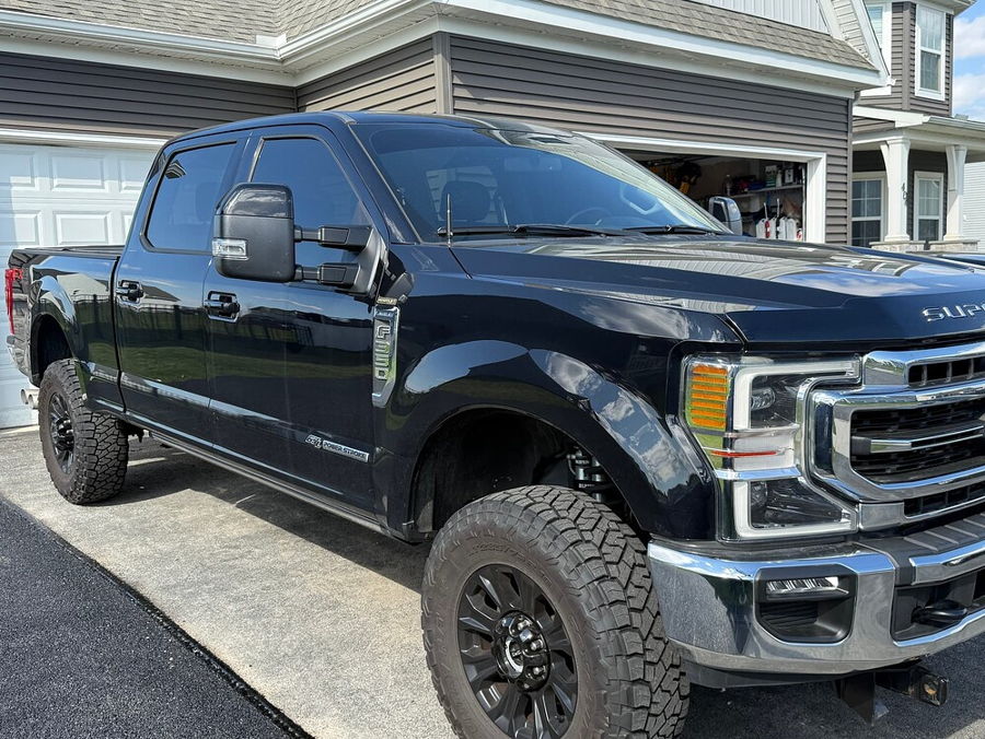 Exterior three-quarter view of Bobby's 2020 Ford F350 with HornBlasters Conductor's Special train horn kit featured customer install gallery photo 1