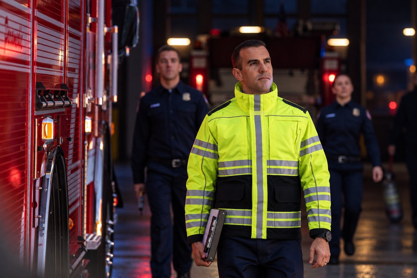 Firefighters in uniform, walking near a fire truck in a station.