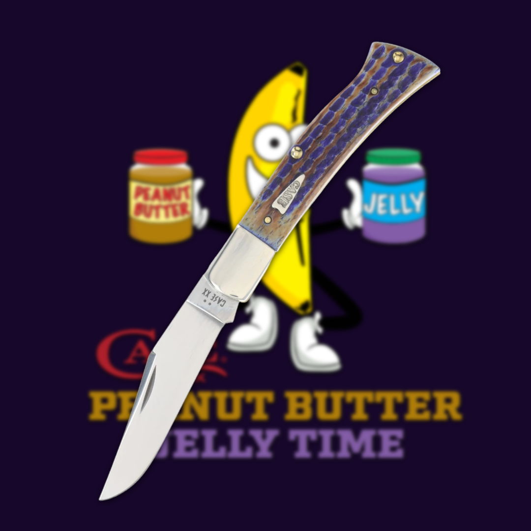 Knife in front of cartoon banana and jars of peanut butter and jelly.