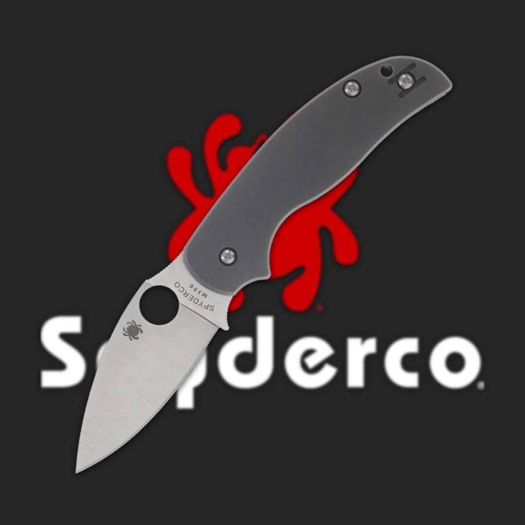 A folding knife with a gray handle and Spyderco logo.