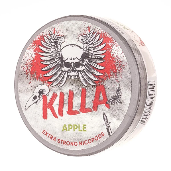 Killa Apple extra strong nicotine pouch can with skull and wings design.