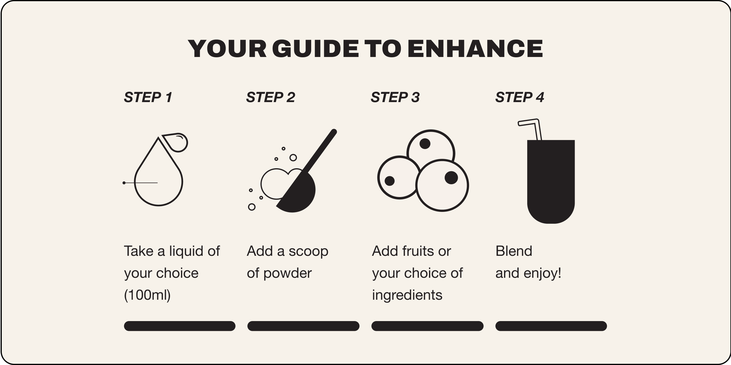 Your guide to enhance. Step 1 take a liquid of your choice 100ml, step 2 add a scoop of powder, step 3 add fruits or your choice of ingredients, step 4 blend and enjoy!