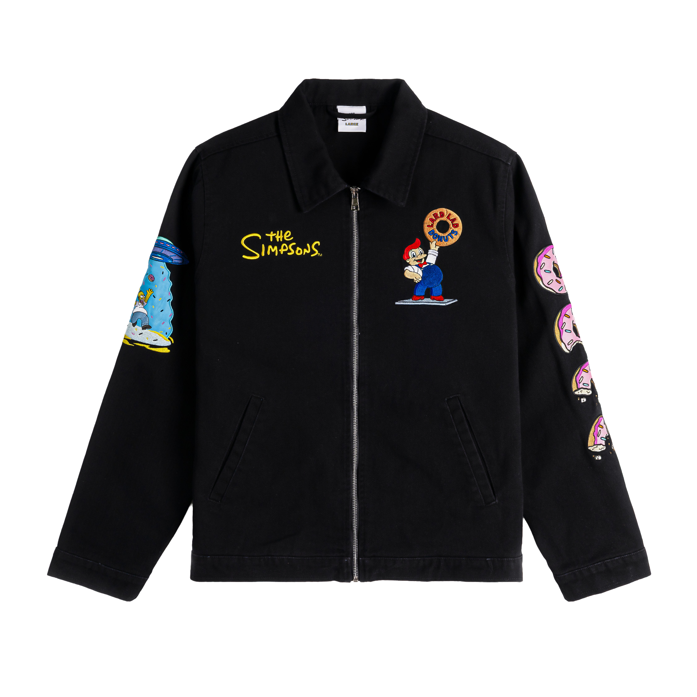 Black jacket with colorful cartoon character patches and text.