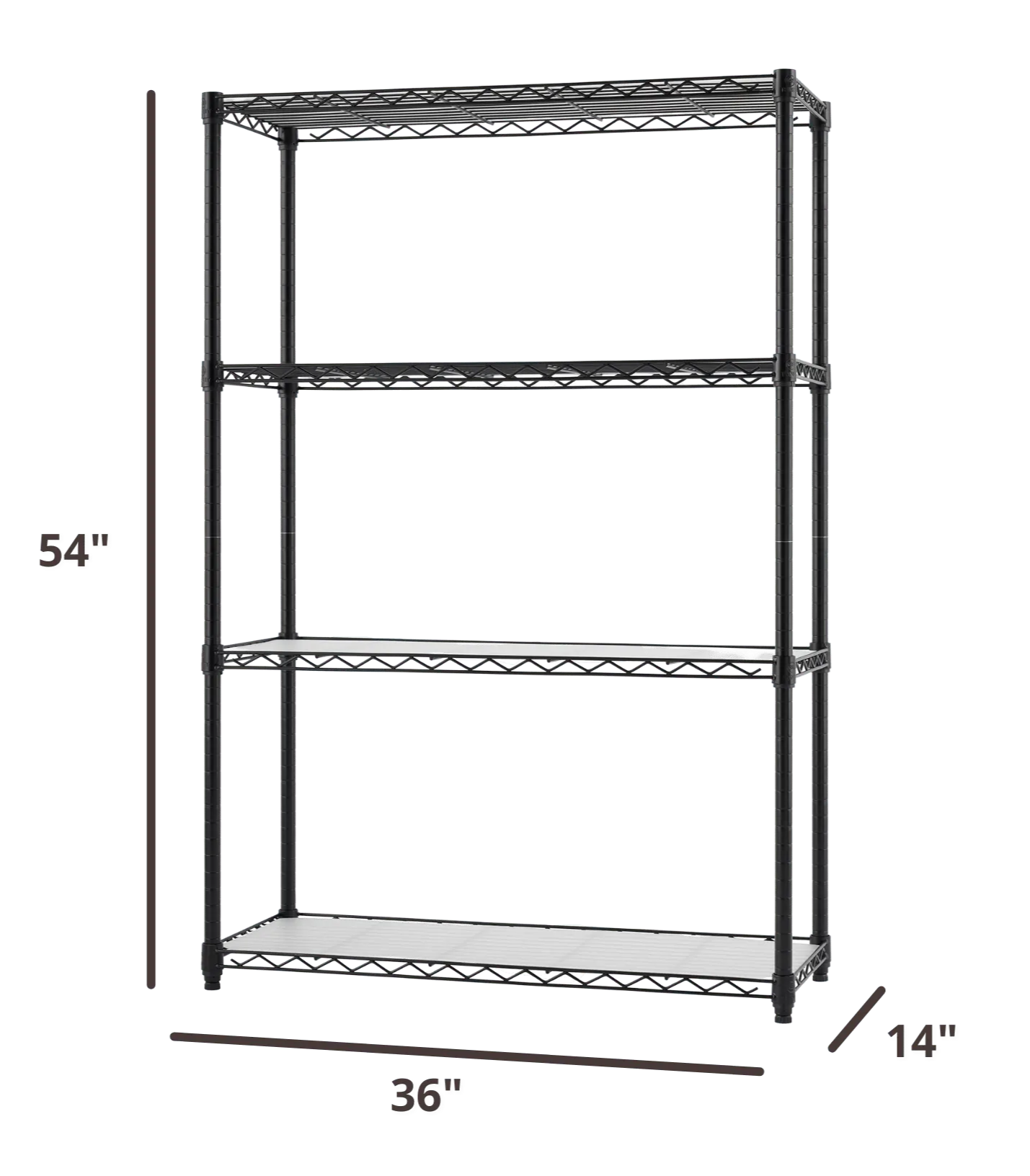 54 inches tall by 36 inches wide black wire shelving rack