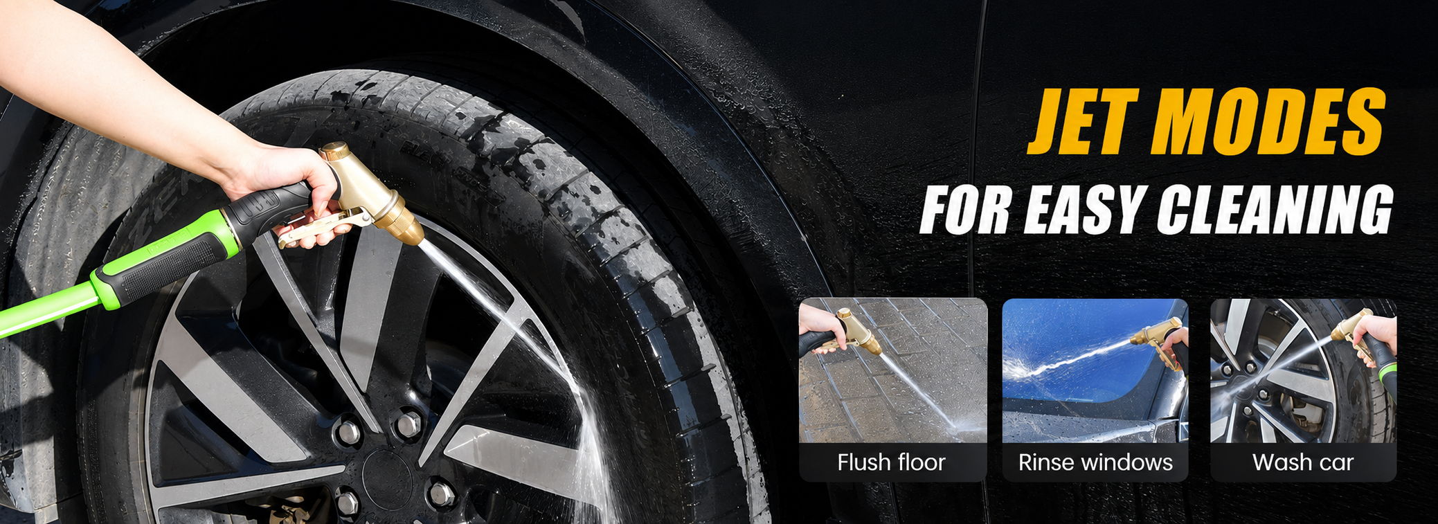Hand holding a cleaning tool near a car tire, showcasing jet modes.