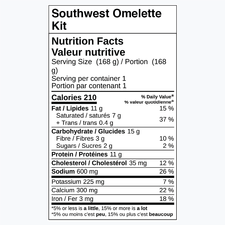 Nutrition facts for Southwest Omelette Kit including calories and ingredients.