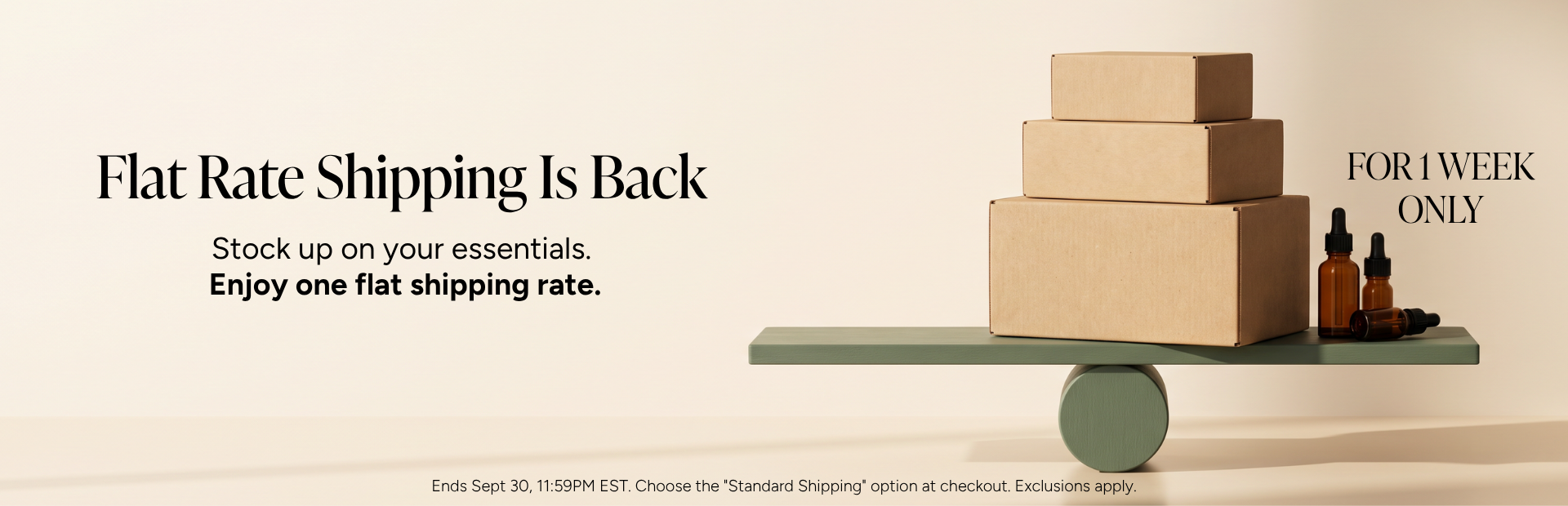 Flat rate shipping promotion with stacked boxes and shipping details.