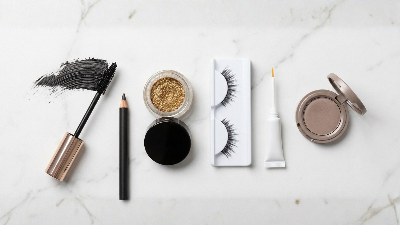 Eye makeup products including mascara, glitter, eyeliner, false lashes, and cream shadow laid out flat — products to use carefully when wearing contact lenses.