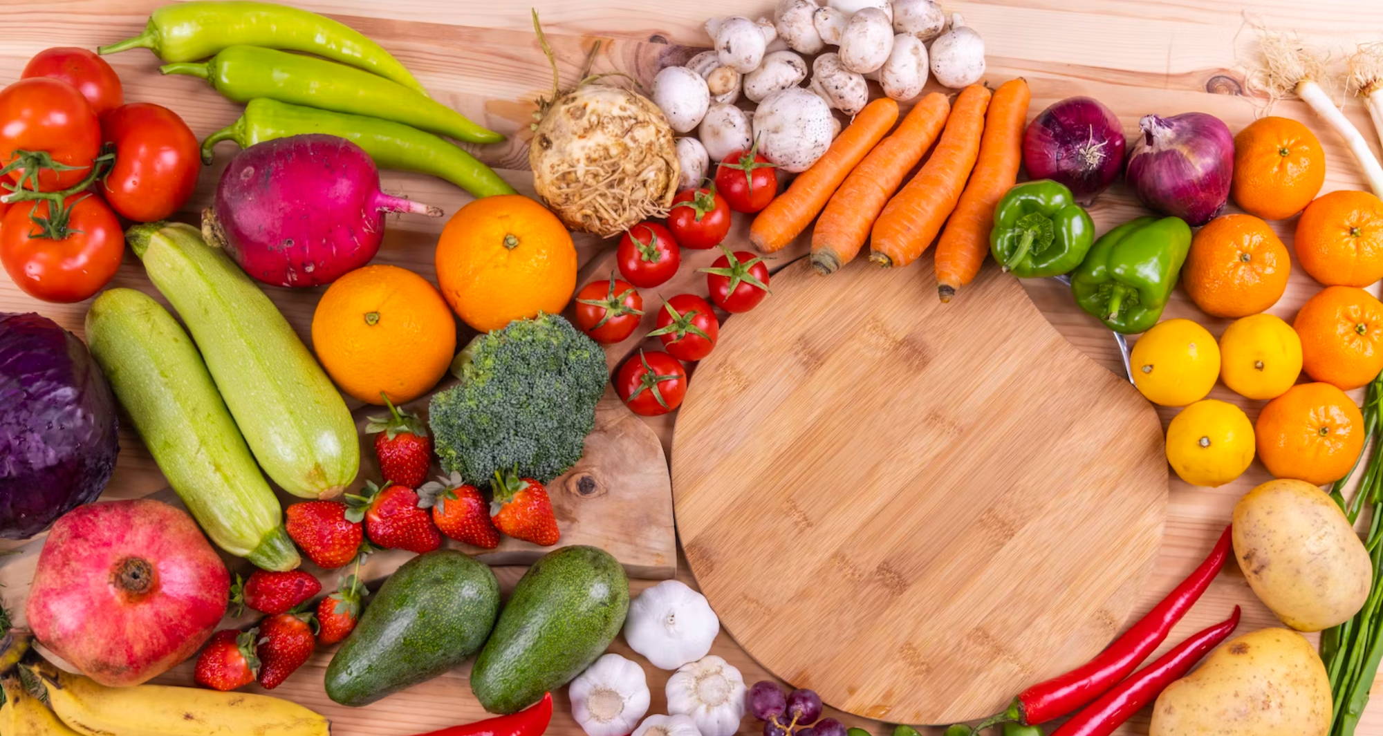 lots of different fruits and vegetable laid out on a wooden table Link