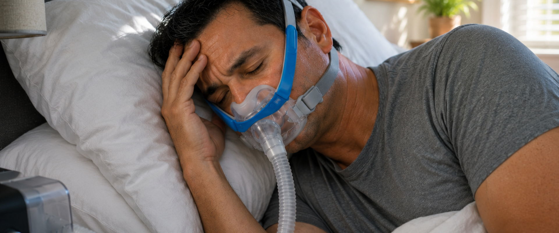 Man sleeping with a CPAP mask, looking uncomfortable in bed.