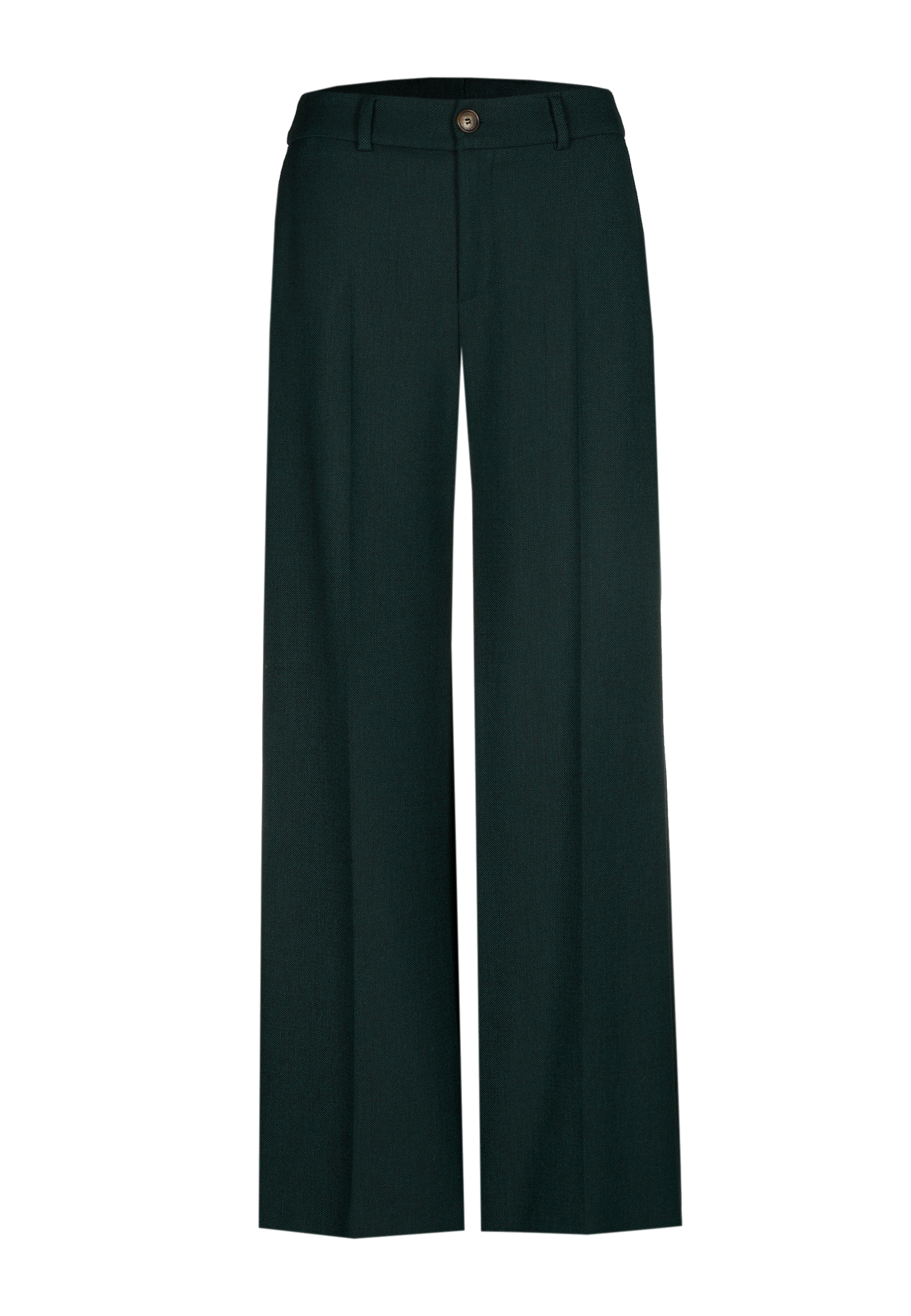 Green wide-leg pants with a button closure and front pleats.