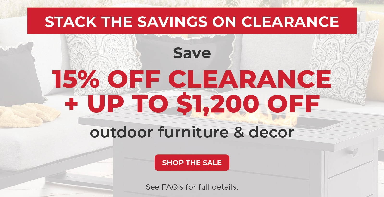 Promotional image for outdoor furniture clearance sale with discounts.