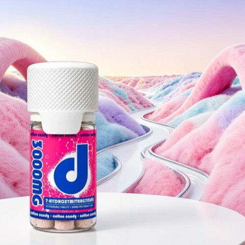 Bottle of flavored liquid in front of colorful cotton candy landscape.