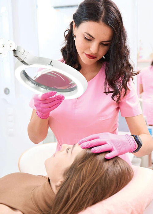 A beautician examines a client's face using a magnifying lamp.