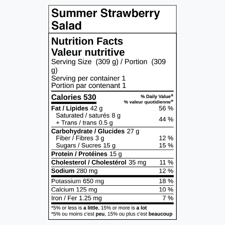 Nutrition facts for Summer Strawberry Salad, including calories and ingredients.