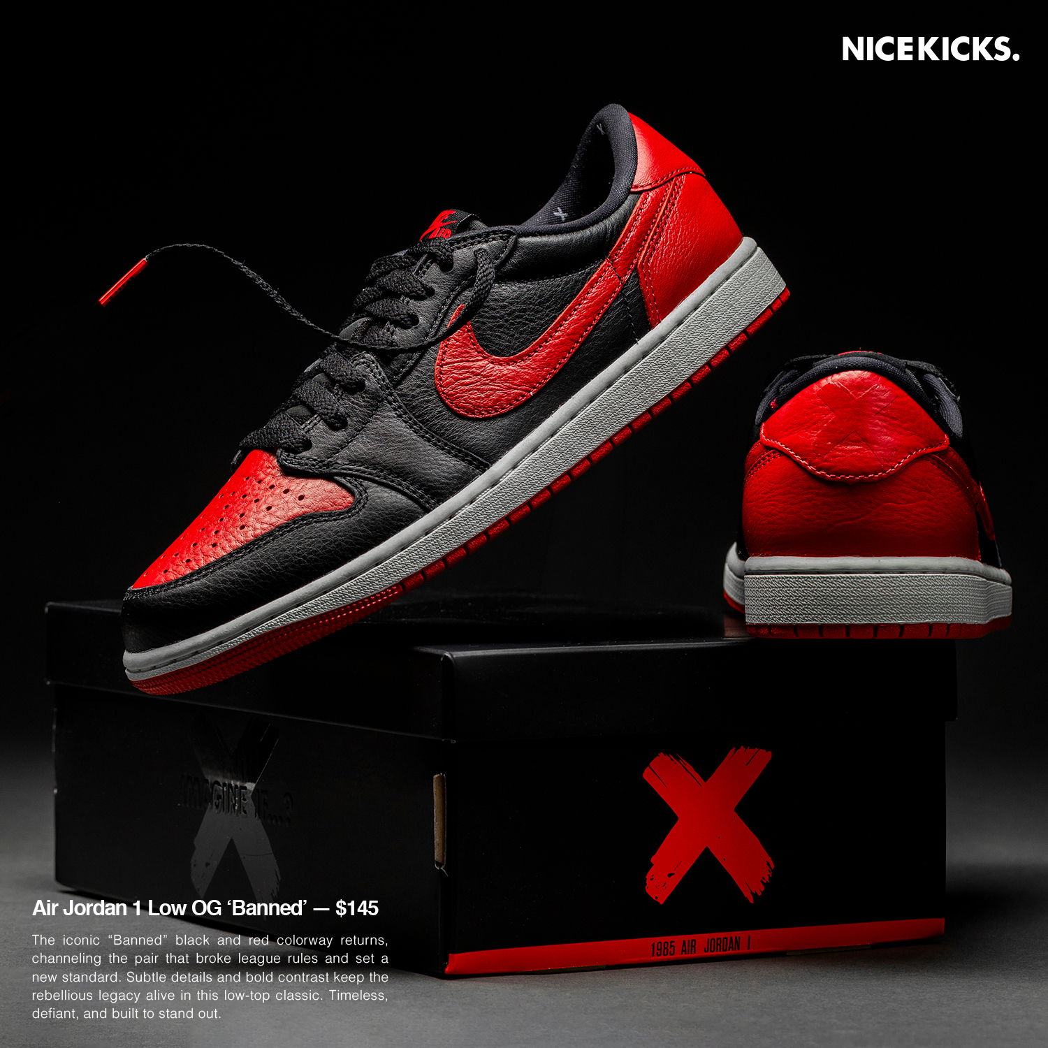 Air Jordan 1 Low OG in black and red, displayed with packaging.