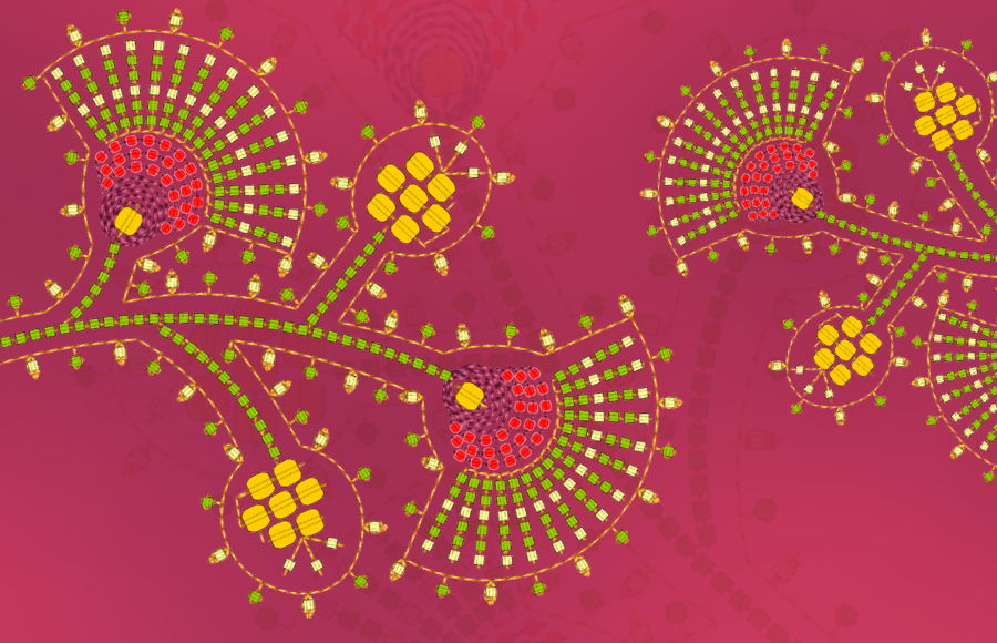 Colorful floral patterns on a pink background.
