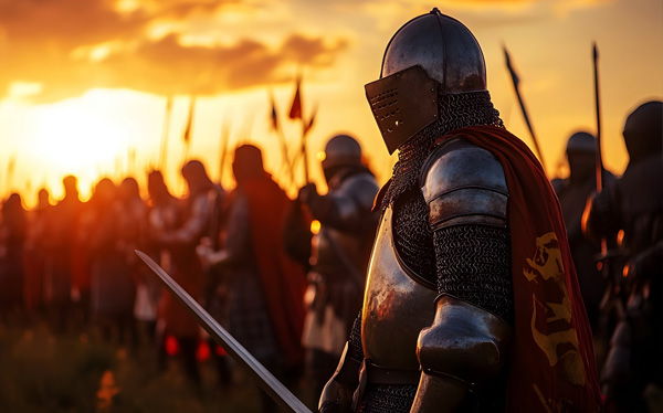 A group of armored knights standing during sunset, preparing for battle.