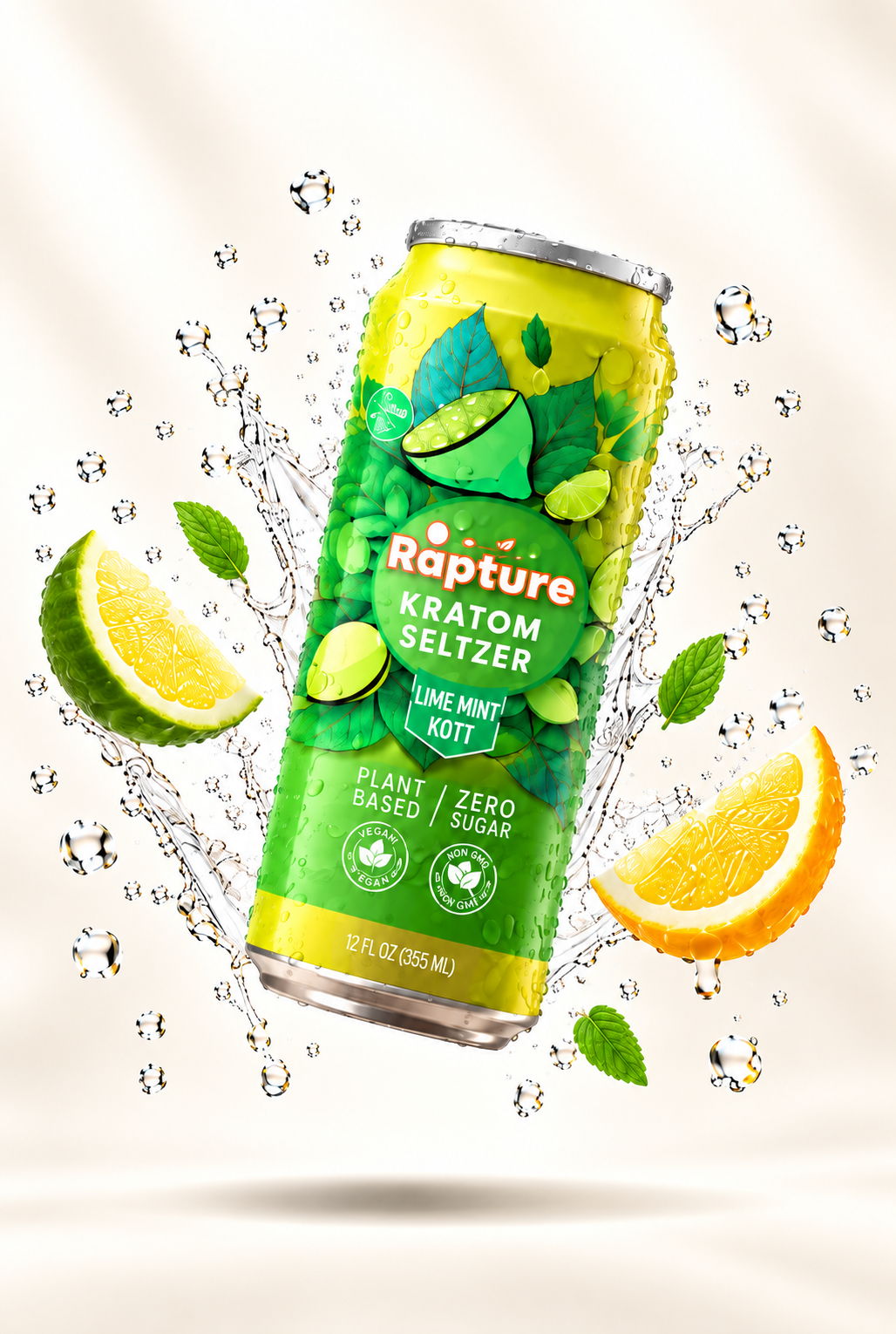 A can of Rapture Kratom Seltzer with lime and lemon slices.