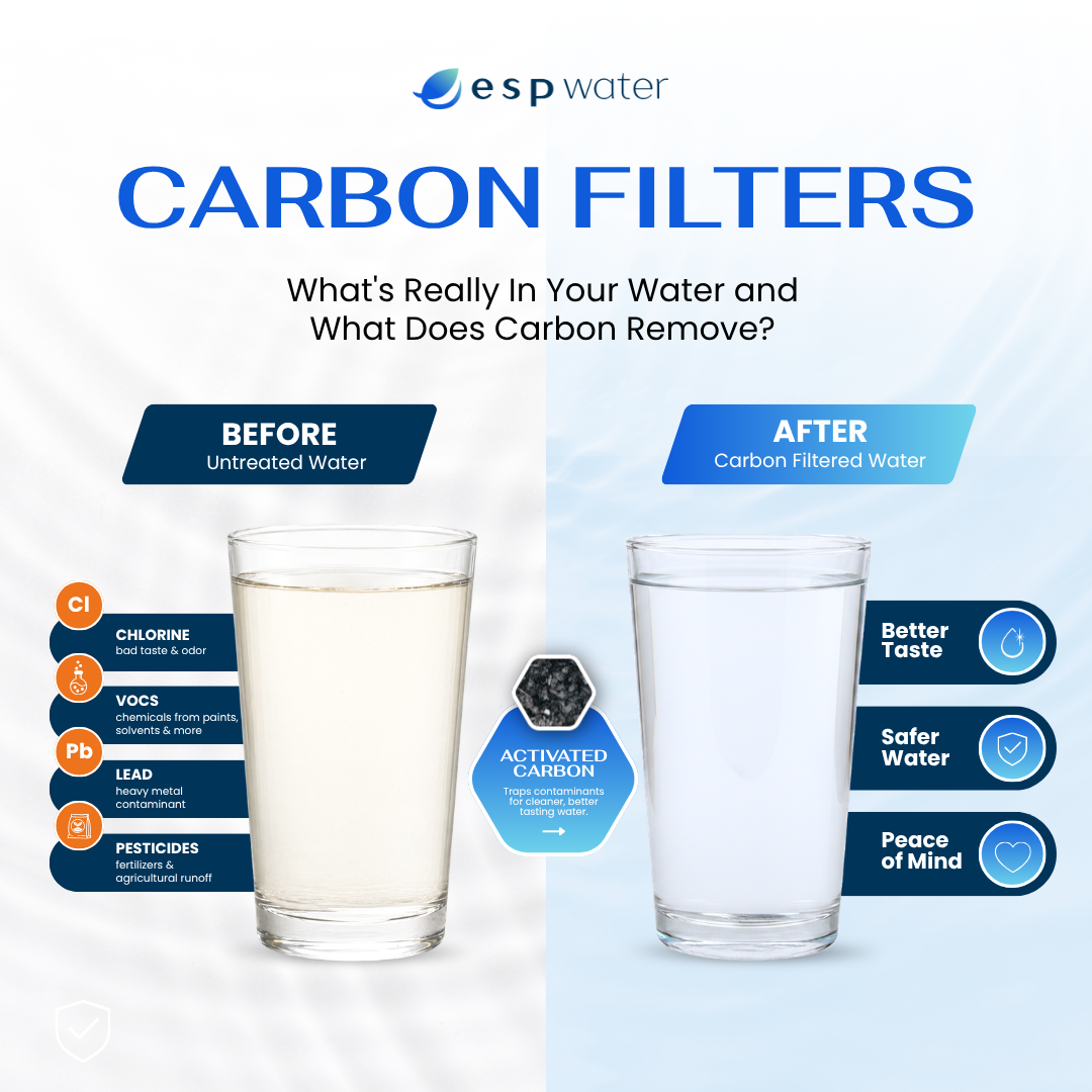 Comparison of water clarity before and after using carbon filters.