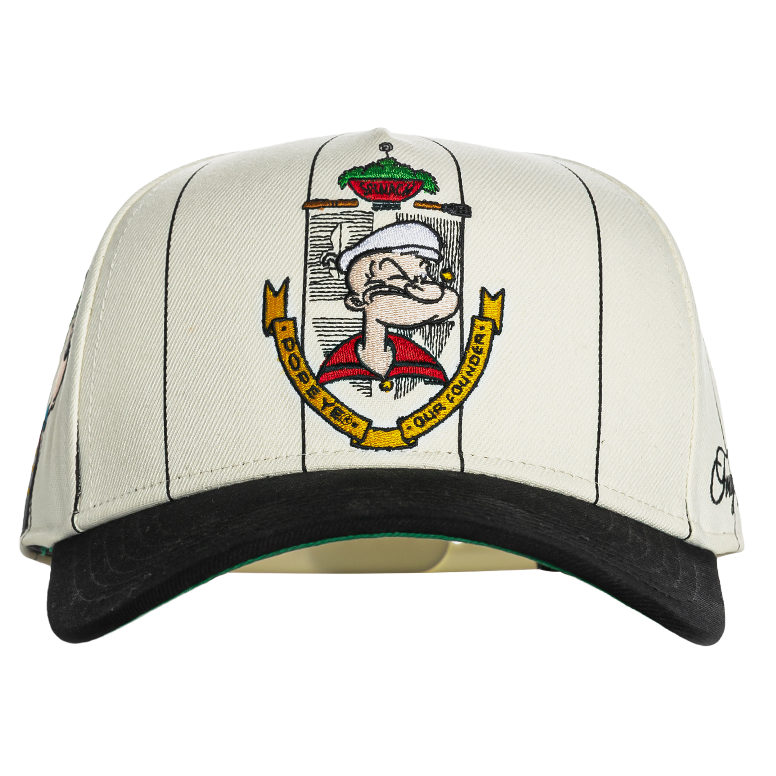 White cap featuring an embroidered Popeye cartoon character design.