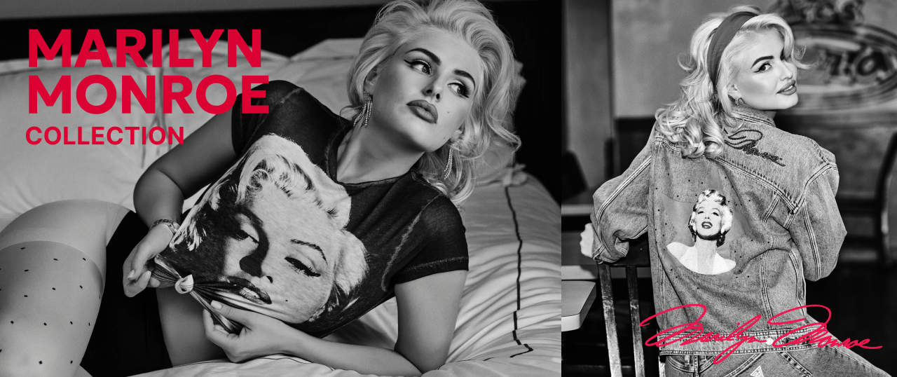 Black and white image featuring the GUESS x Marilyn Monroe collection