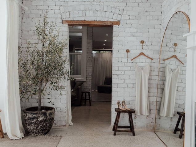 Large pot plant with tree and white silk slip dress in dressing room