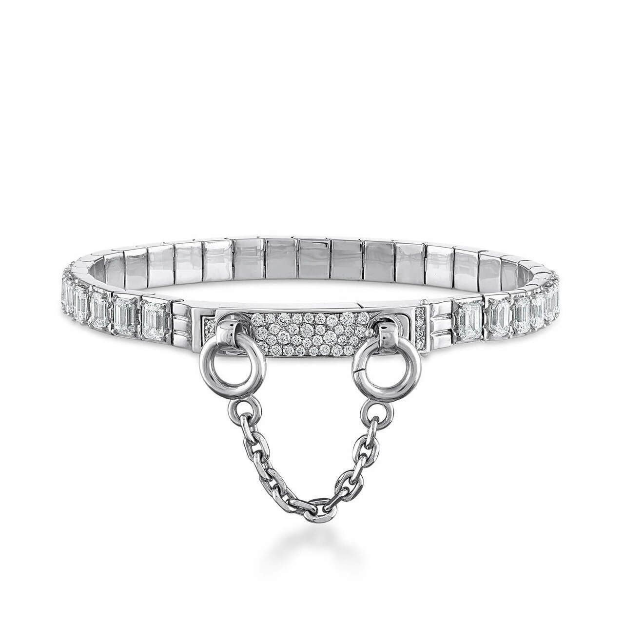 Oath single cuff emerald cut diamond tennis bracelet with pave latch