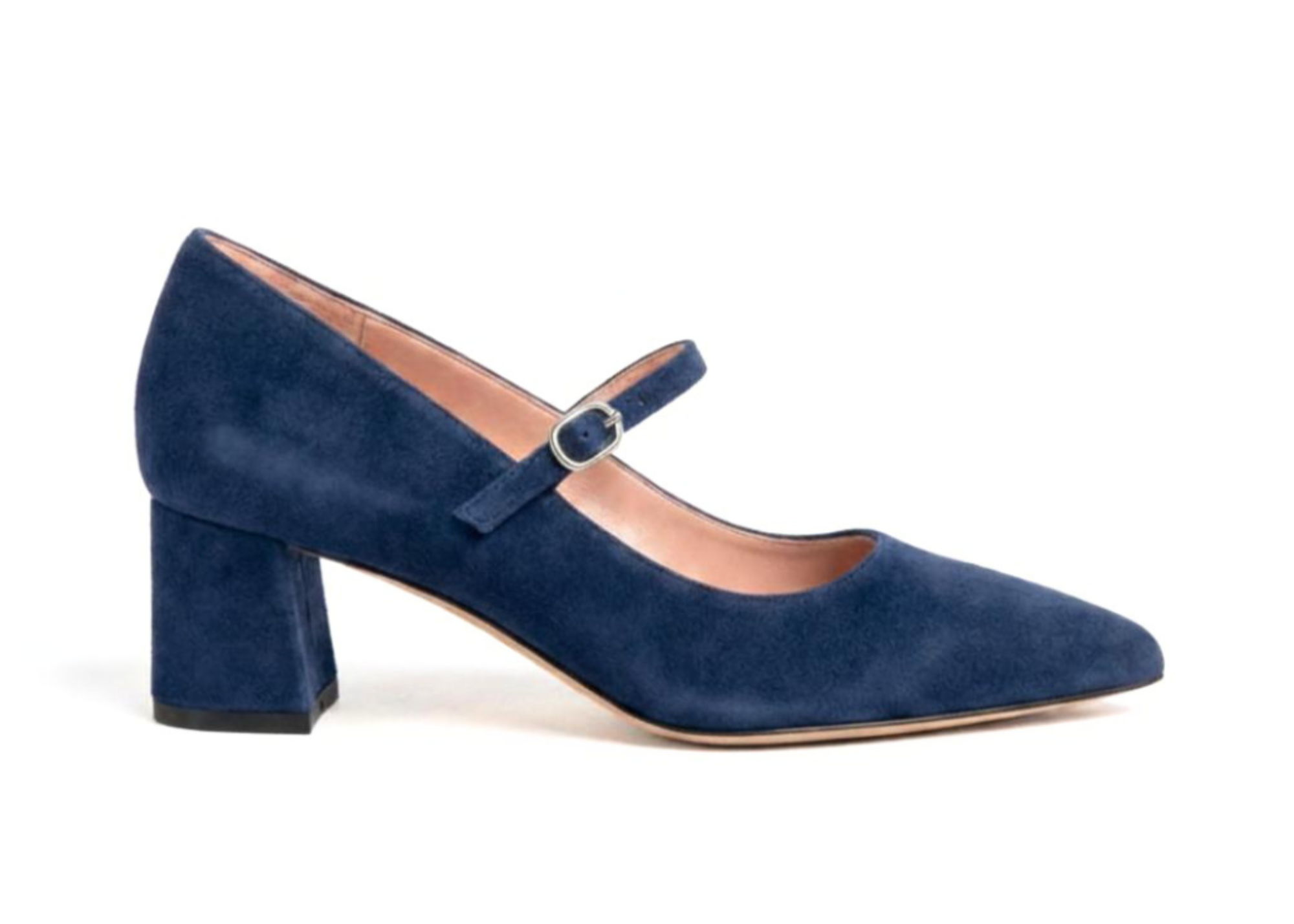 Navy blue suede Mary Jane shoe with a chunky heel.