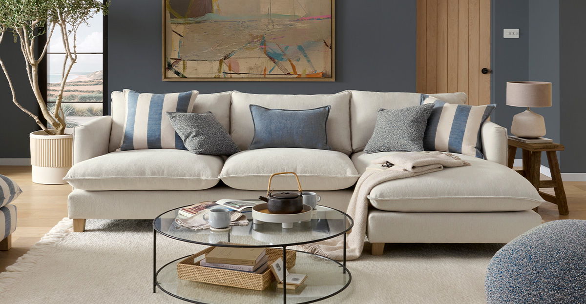 3 seat chaise sofa in coastal room setting