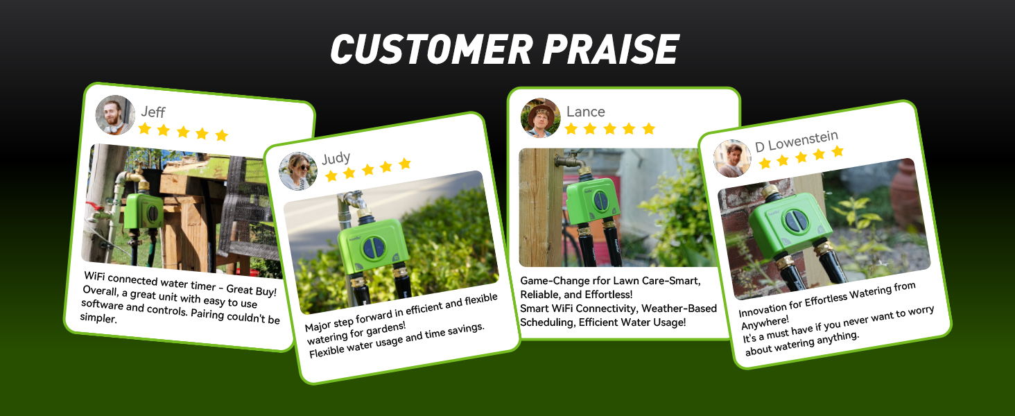 Customer testimonials displayed on cards with positive reviews.