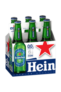 Six-pack of Heineken non-alcoholic beer bottles in a cardboard carrier.