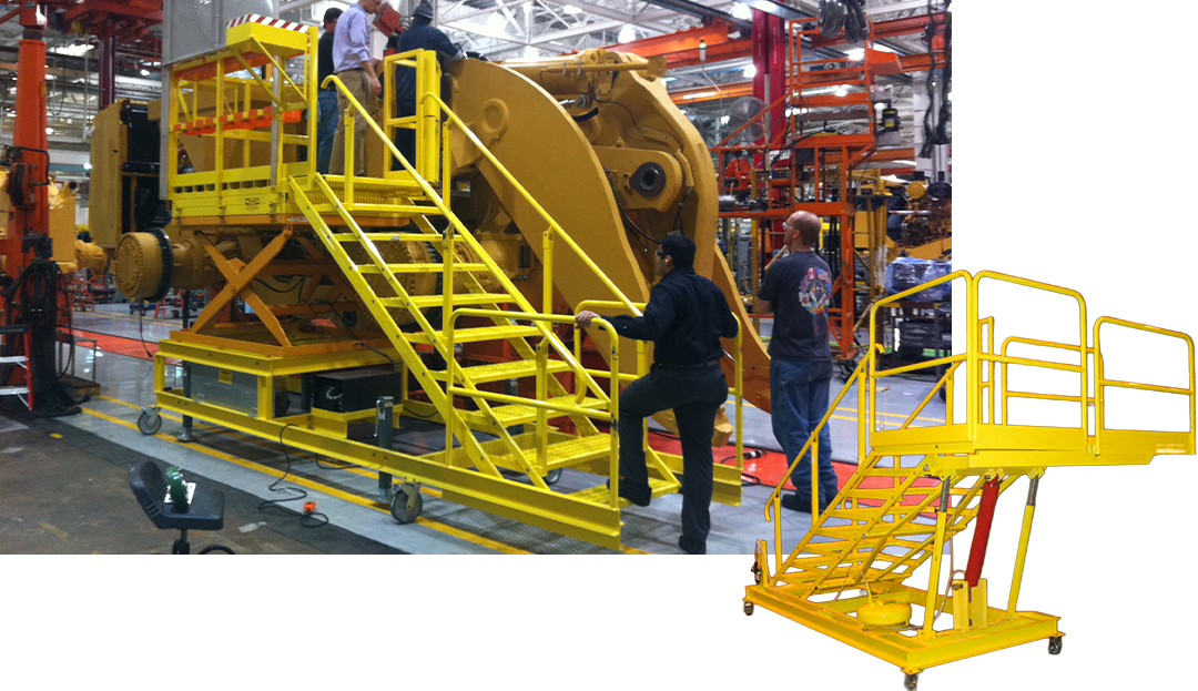 Custom adjustable height access platform for bulldozer and heavy earthmoving equipment assembly, inspection, and repair