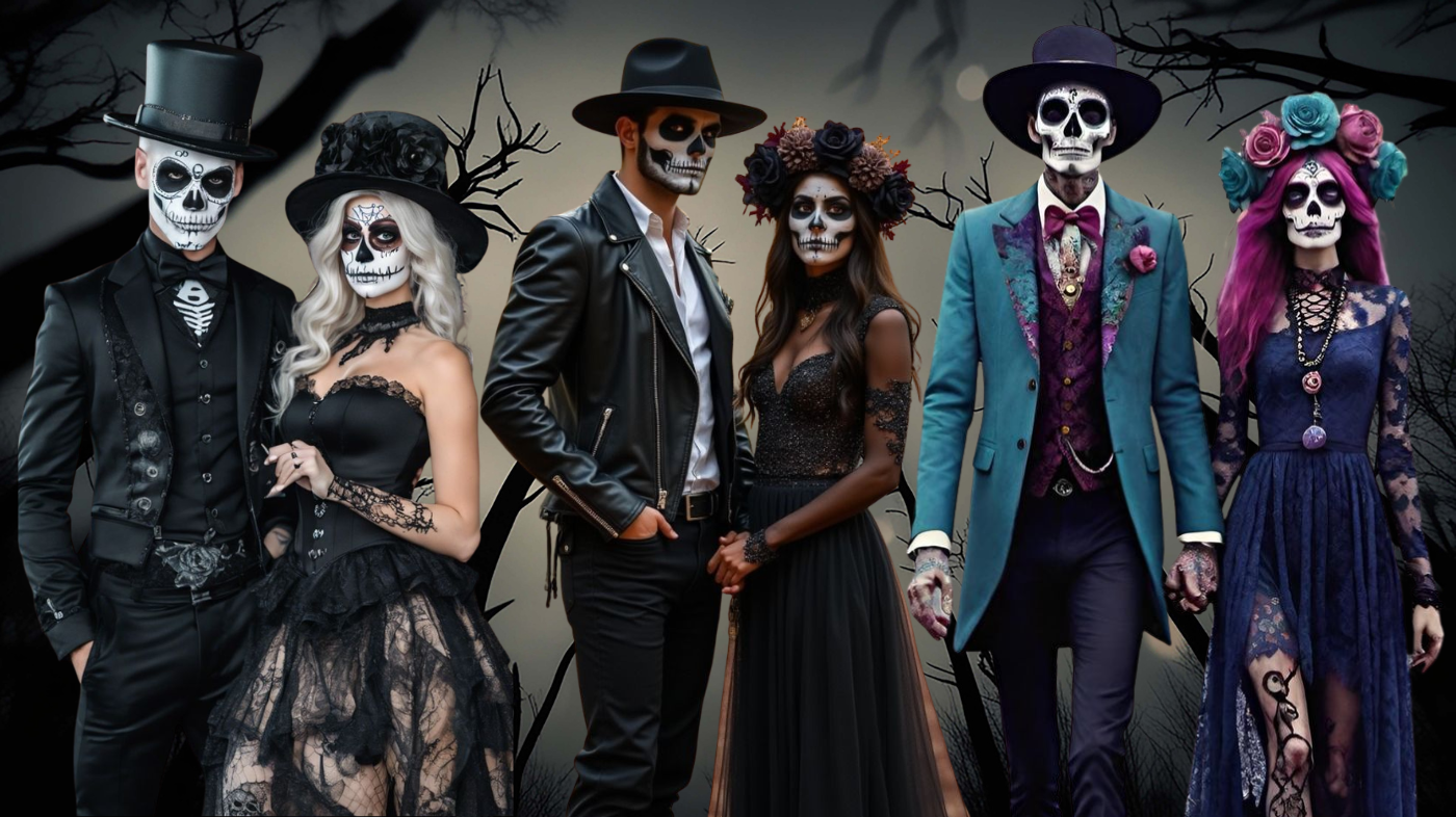 Diverse skeleton cosplay looks showing that skeleton aesthetic is for everyone with different styles and makeup designs