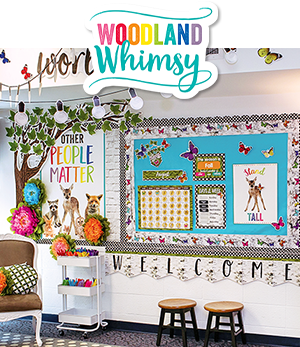 Classroom wall decorated with Woodland Whimsy classroom boards and bulletin board sets