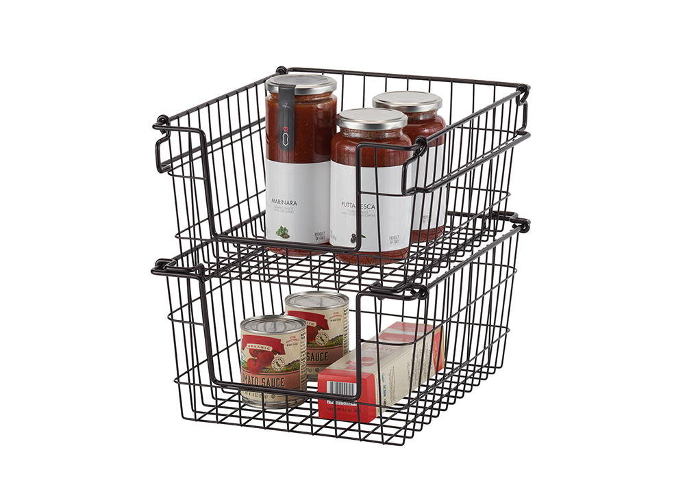 dark bronze wire baskets stacked on top of each other with items inside
