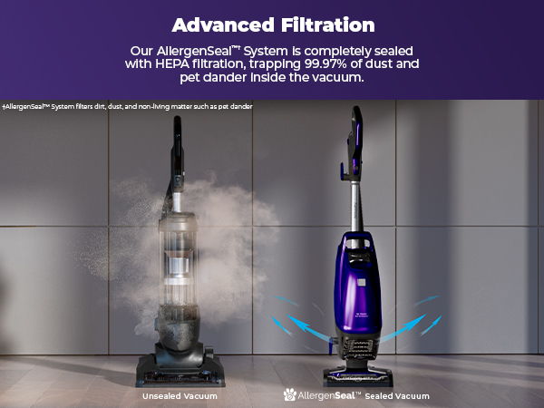 Vacuum cleaner showcasing advanced filtration technology for dust and pet dander.