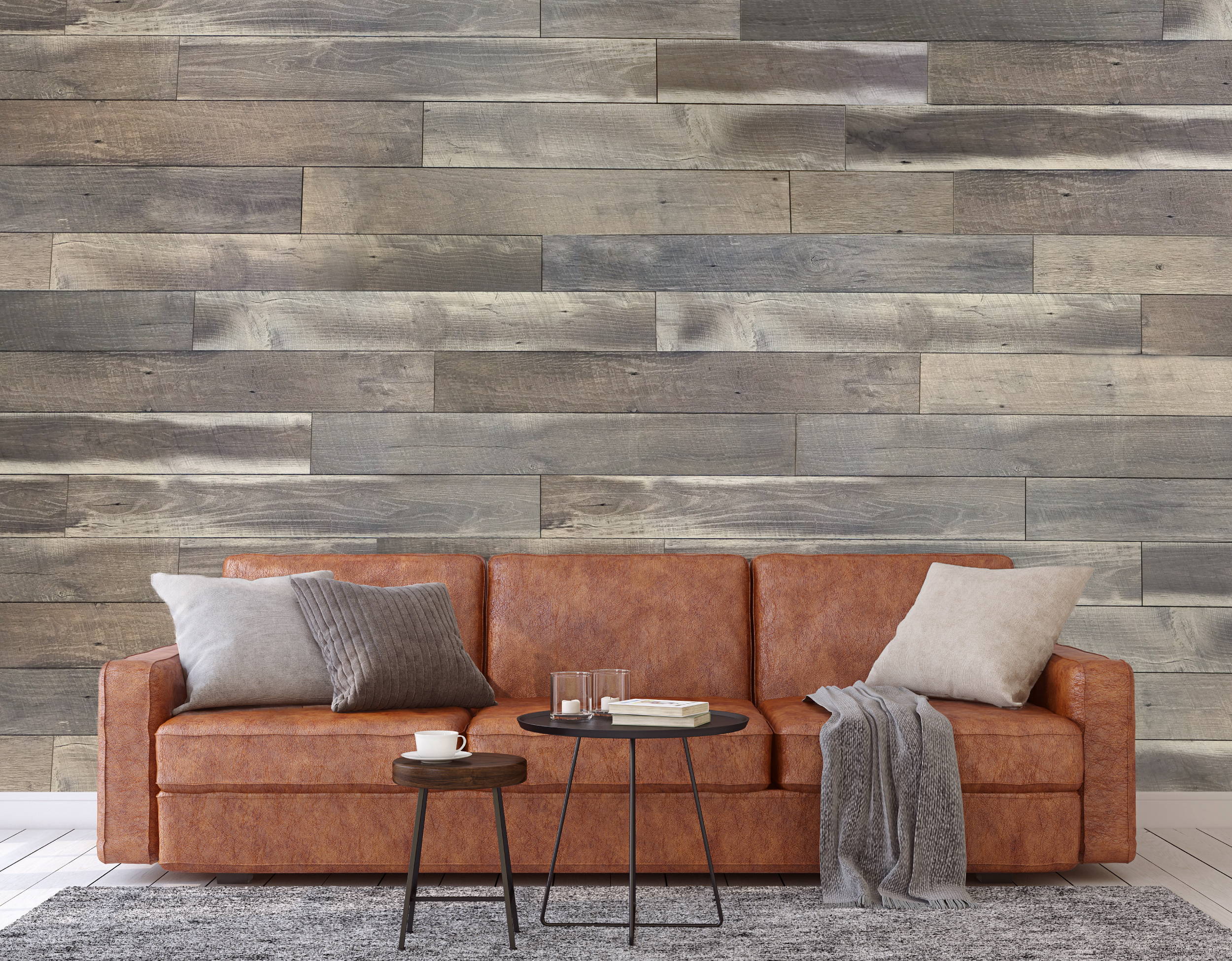 wood plank accent wall living room