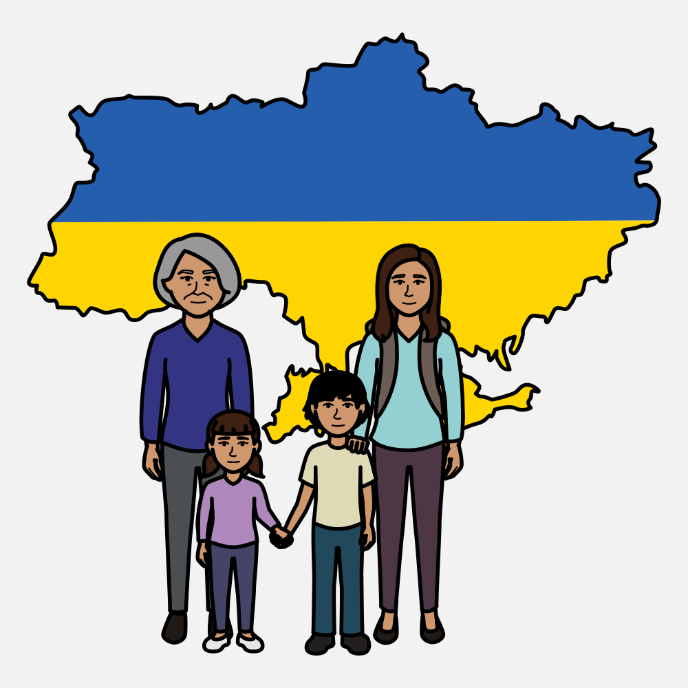 Illustration depicting a multigenerational family with the outline of Ukraine in the background with national colors