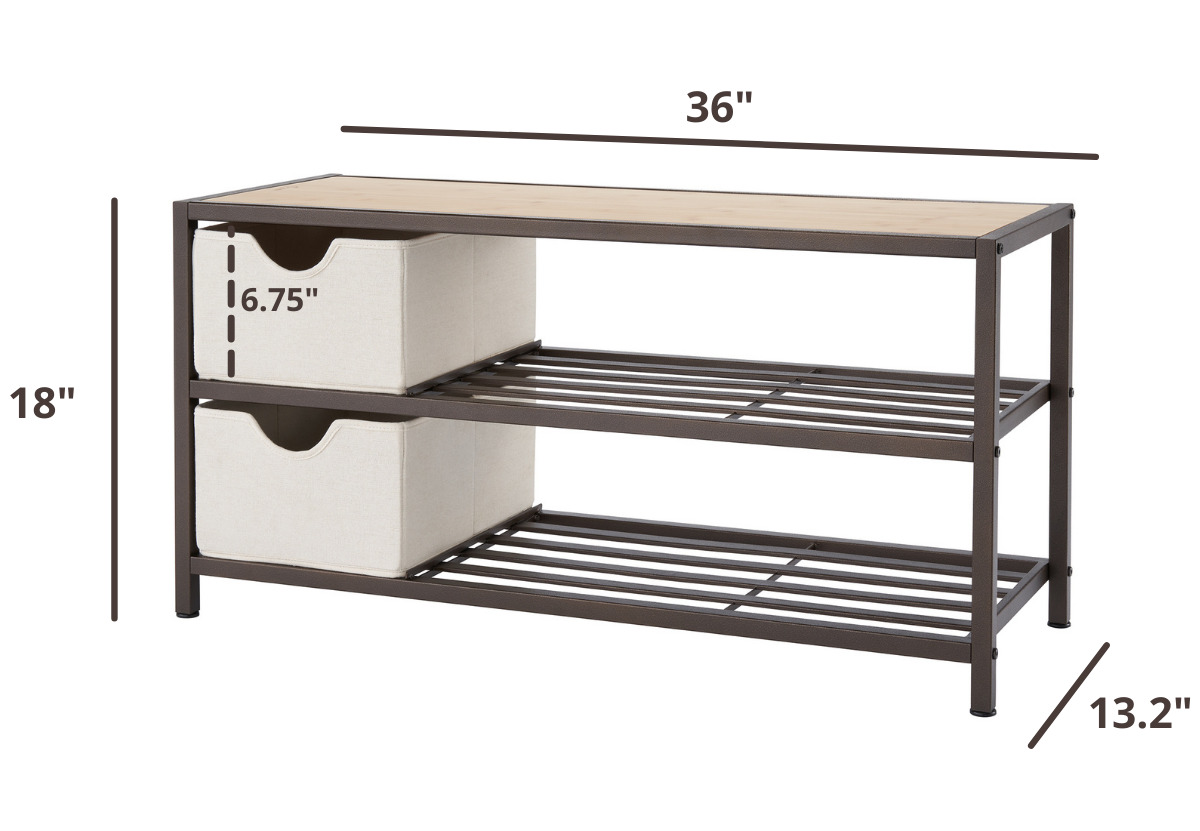 36 inches wide by 18 inches tall shoe bench