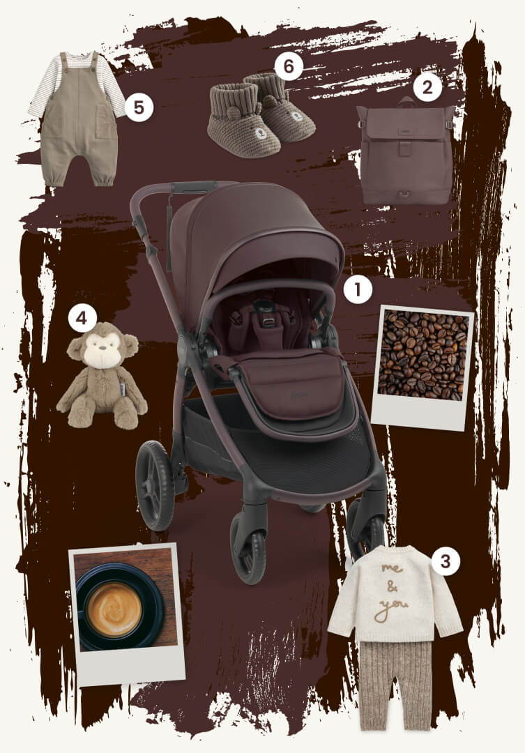 Timeless Edit Moodboard of baby items including Ocarro 2 stroller in Americano, clothing, and accessories.