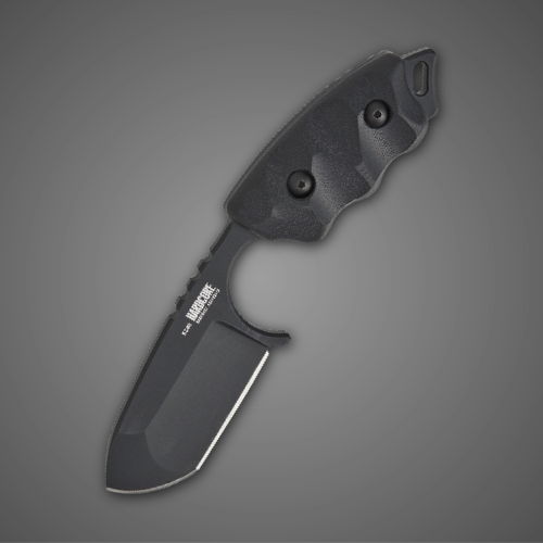 A sleek black knife against a gray background.