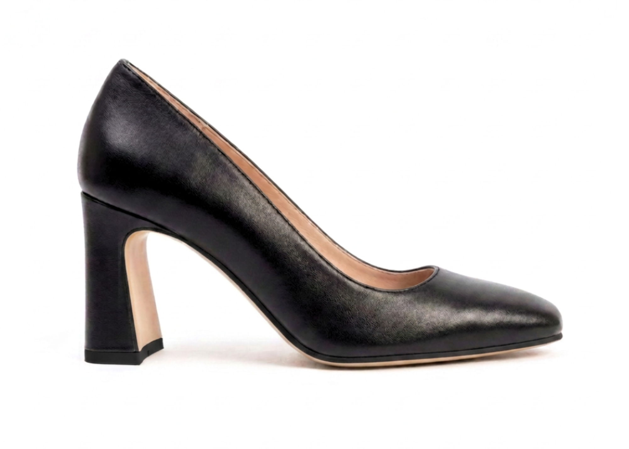 A pair of black high heels on a neutral background.