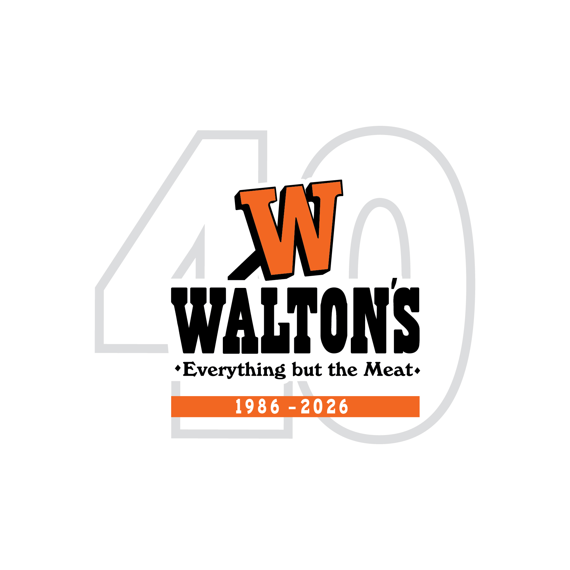 Walton's logo celebrating 40 years, 1986-2026, with tagline 
